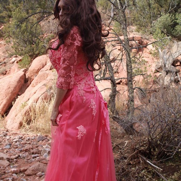 Long Coral Dress BY HAPPY WEDDING SIZE 14 NEW - Picture 3 of 13